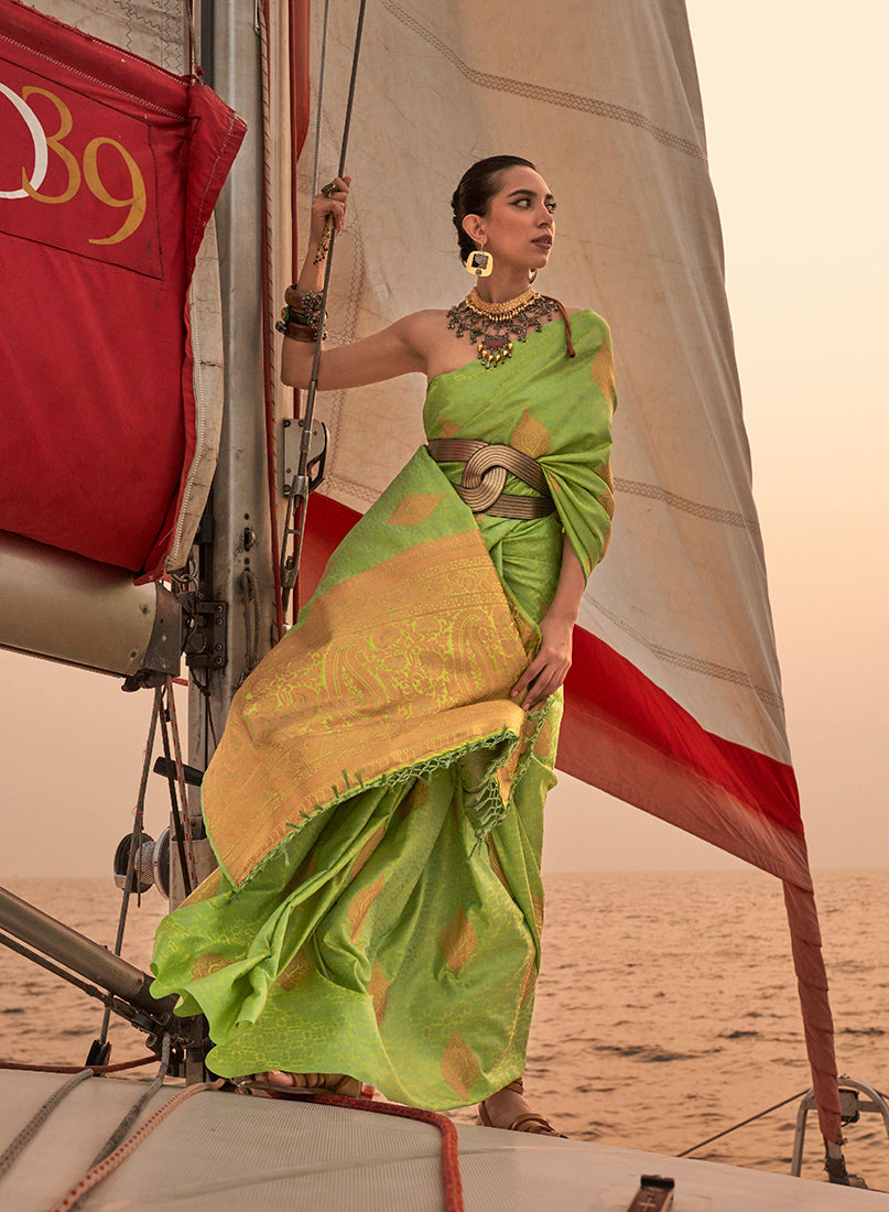 Monjolika Fashion Parrot Green Color Satin Pastel Handloom Weaving Saree - Distacart