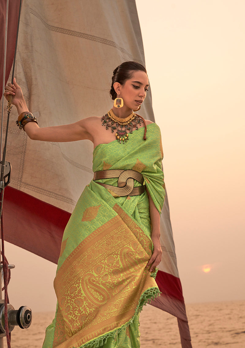 Monjolika Fashion Parrot Green Color Satin Pastel Handloom Weaving Saree - Distacart