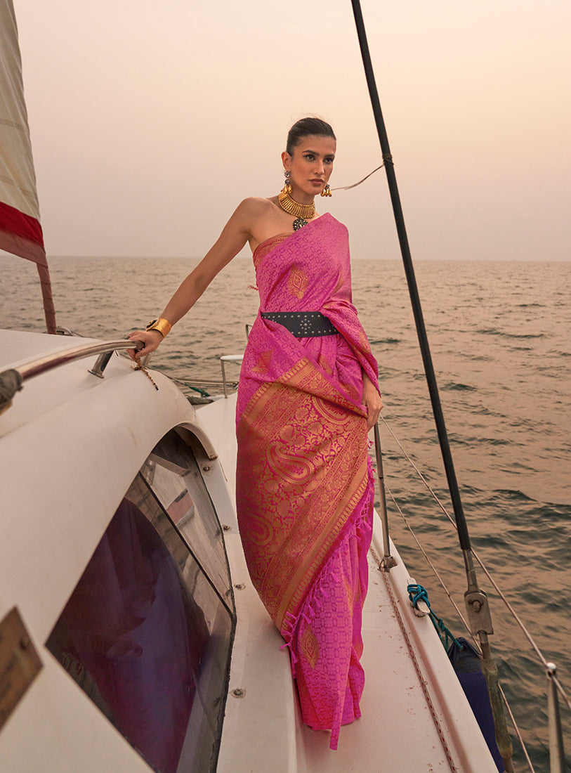 Monjolika Fashion Pink Color Satin Pastel Handloom Weaving Saree - Distacart