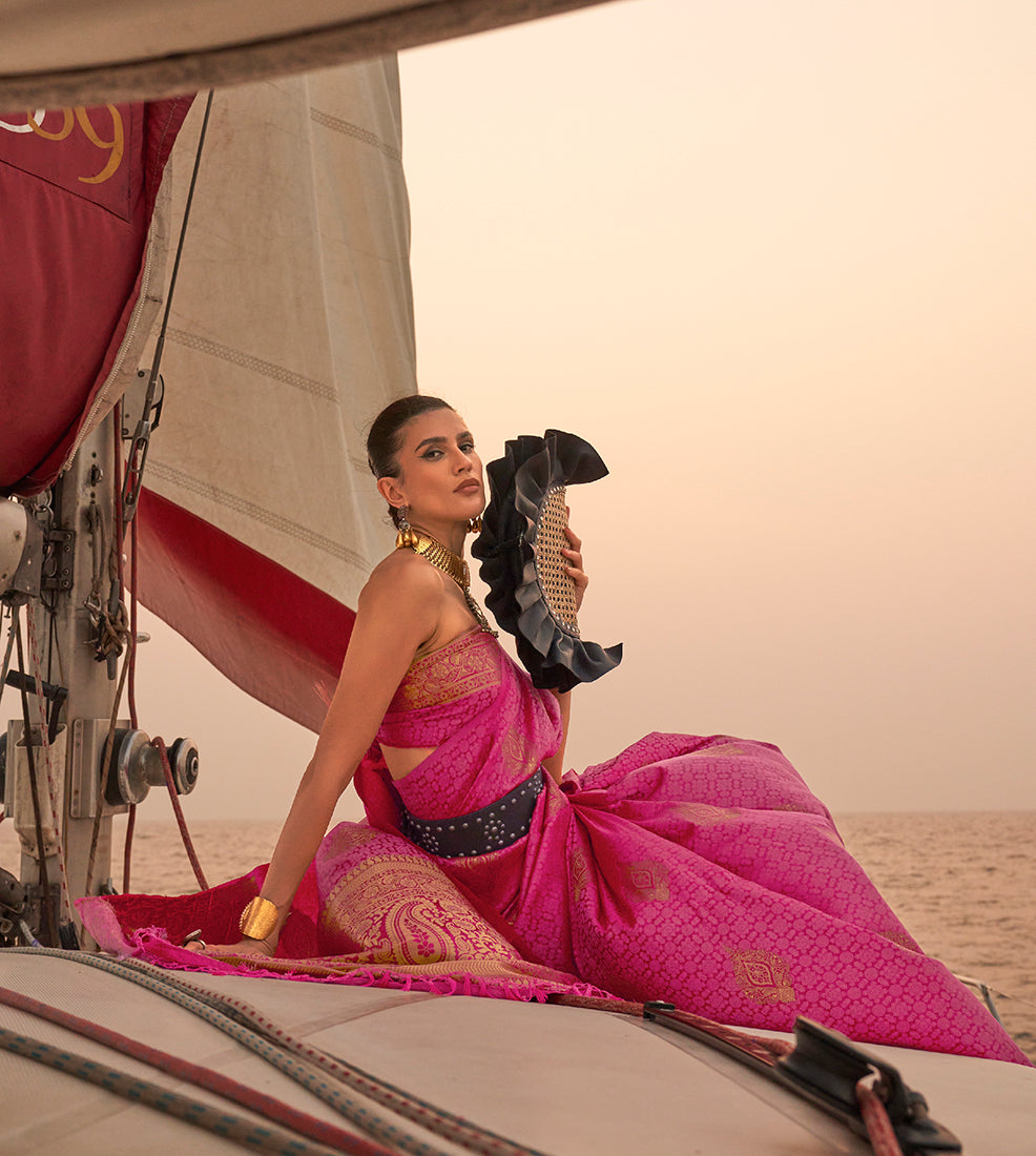 Monjolika Fashion Pink Color Satin Pastel Handloom Weaving Saree - Distacart