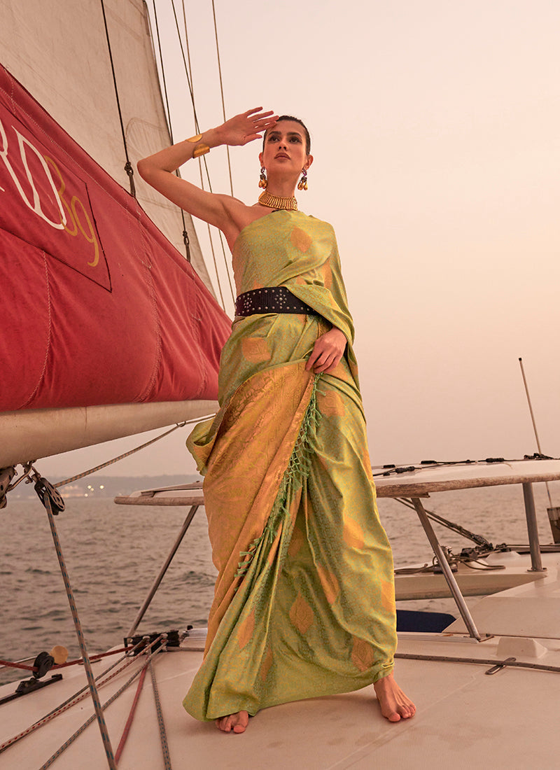 Monjolika Fashion Olive Green Color Satin Pastel Handloom Weaving Saree
