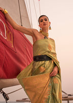 Monjolika Fashion Olive Green Color Satin Pastel Handloom Weaving Saree