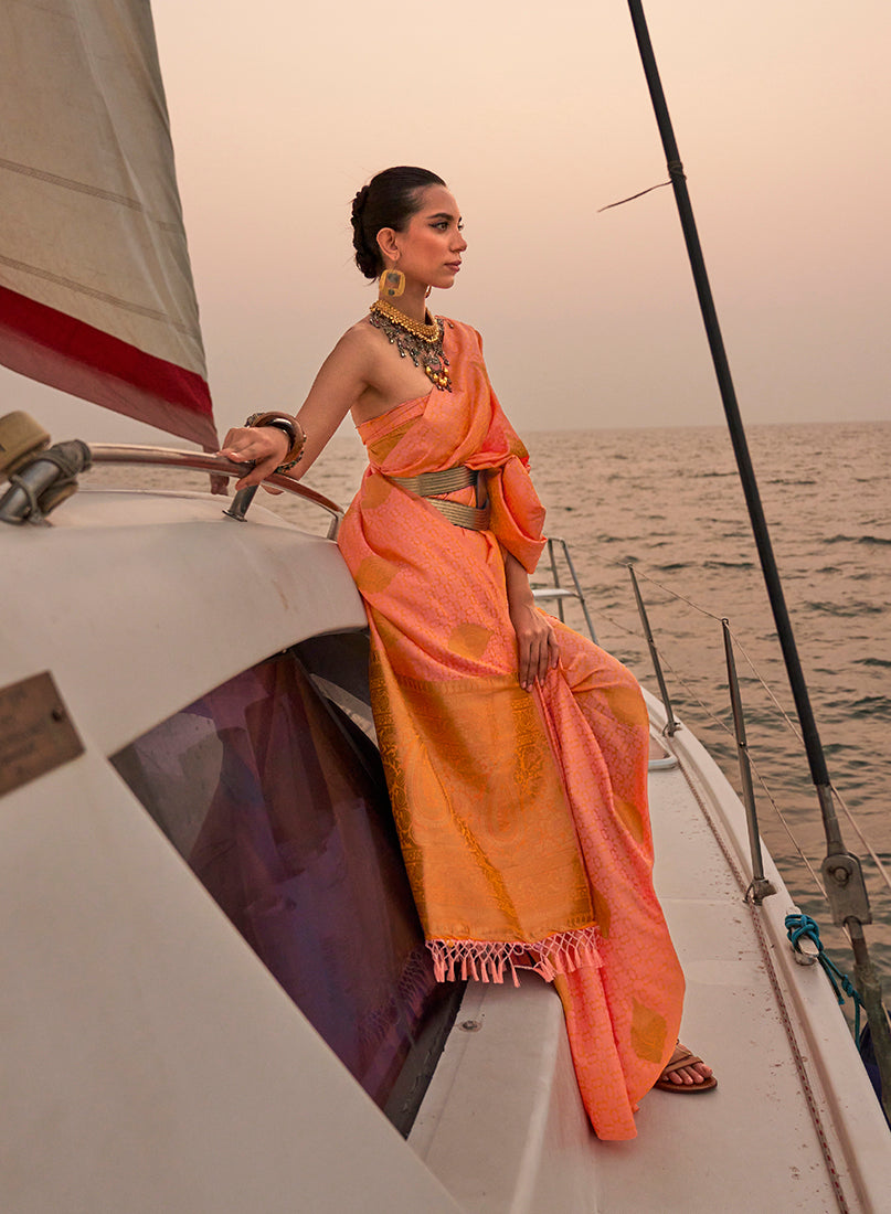 Monjolika Fashion Peach Color Satin Pastel Handloom Weaving Saree - Distacart