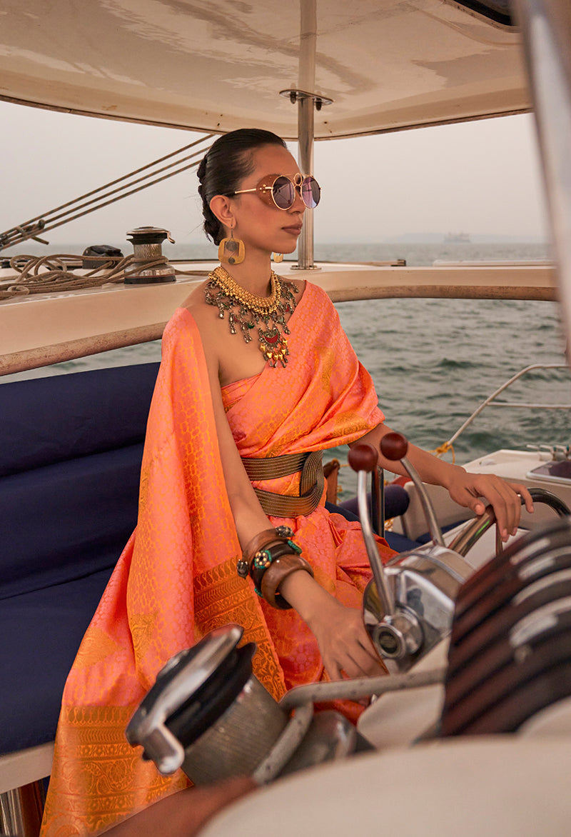 Monjolika Fashion Peach Color Satin Pastel Handloom Weaving Saree - Distacart