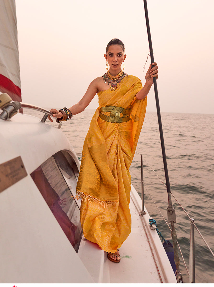 Monjolika Fashion Yellow Color Satin Pastel Handloom Weaving Saree - Distacart