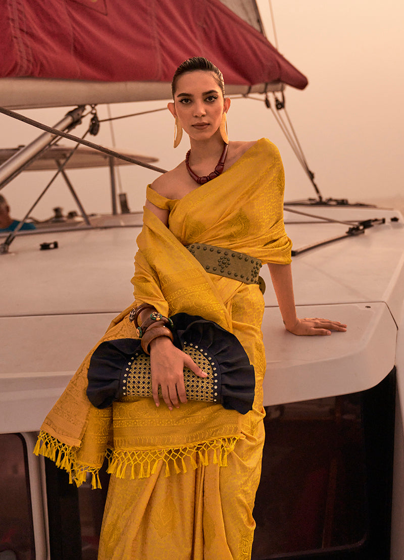 Monjolika Fashion Yellow Color Satin Pastel Handloom Weaving Saree - Distacart
