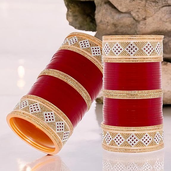 Tehzeeb Creations Bridal Bangle Set Wedding Punjabi Chuda Designer Chura CZ Stone Maroon Color Choora For Women - Distacart