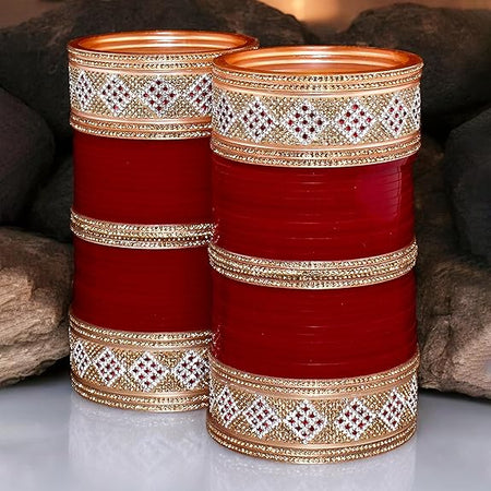 Tehzeeb Creations Bridal Bangle Set Wedding Punjabi Chuda Designer Chura CZ Stone Maroon Color Choora For Women