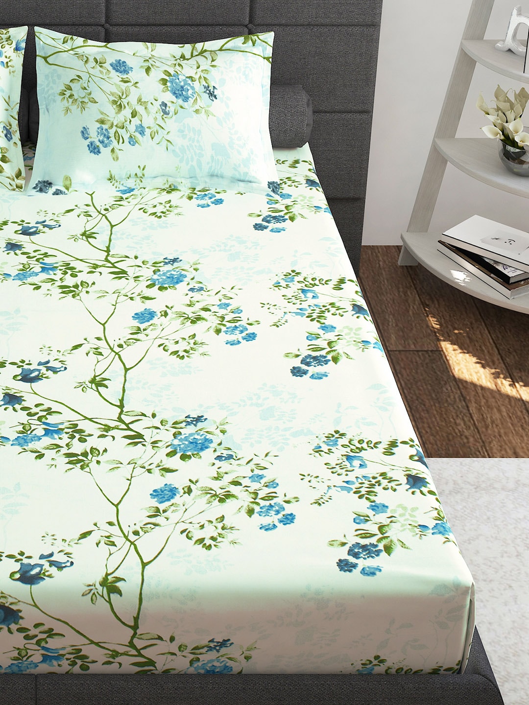 Story@home Ventura Blue & Green Floral Printed 152 TC Queen Bedsheet With 2 Pillow Covers
