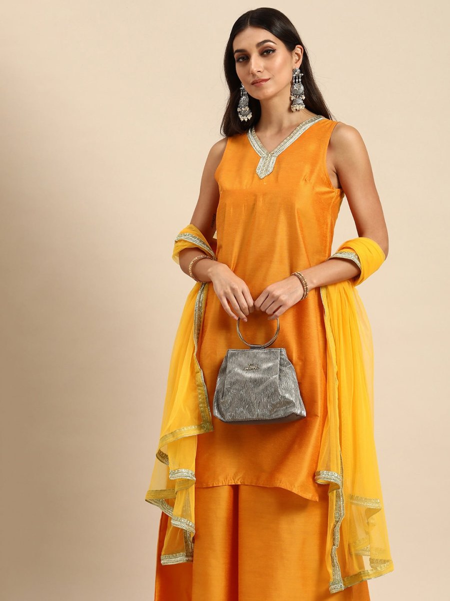 All About You Women Mustard Yellow Ethnic Motifs Embroidered Gotta Patti Kurta with Palazzos & With Dupatta