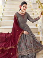 Myra Grey and Wine Real Georgette Gharara Suit