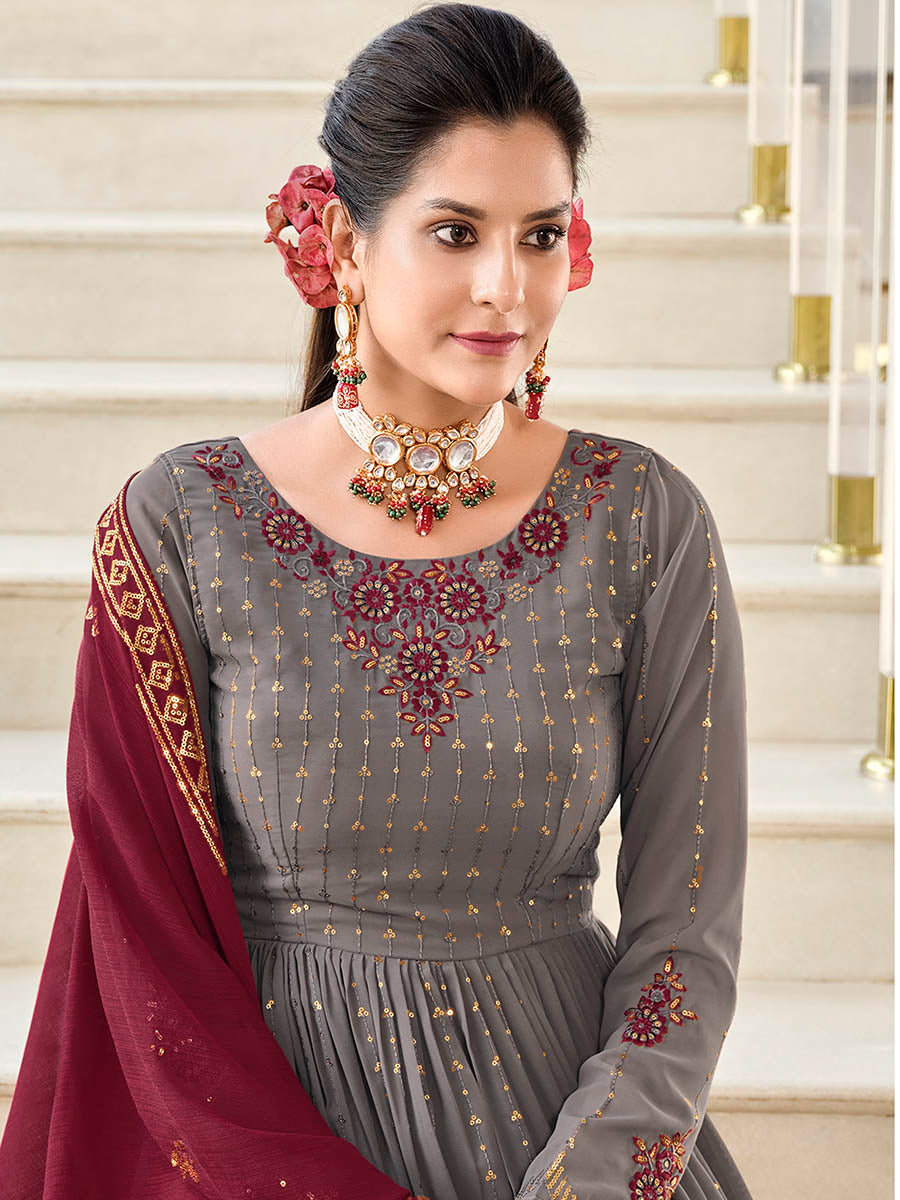 Myra Grey and Wine Real Georgette Gharara Suit