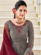Myra Grey and Wine Real Georgette Gharara Suit