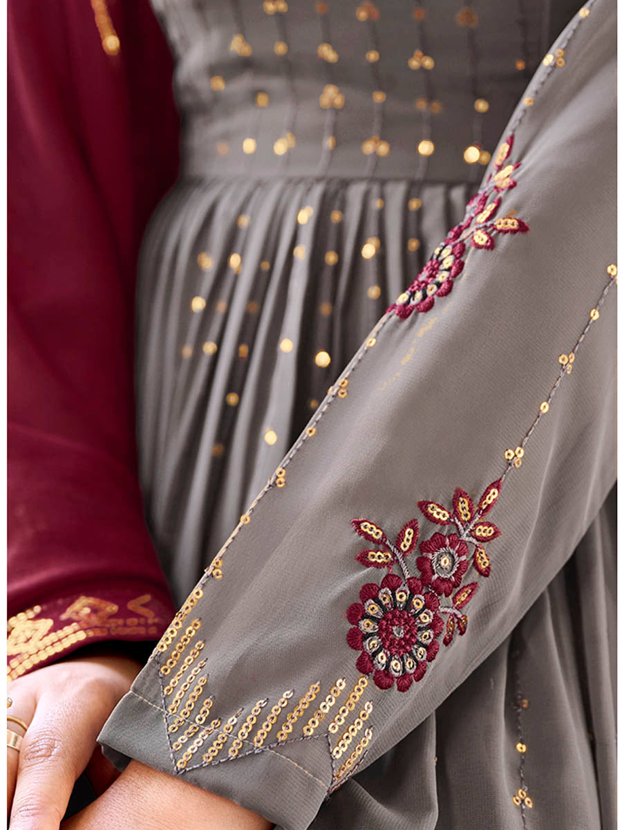 Myra Grey and Wine Real Georgette Gharara Suit