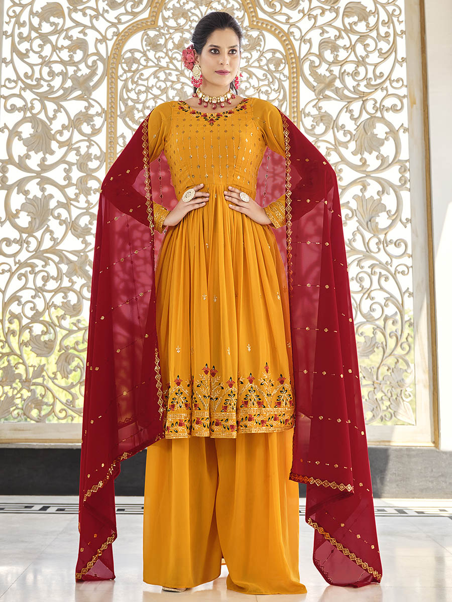 Myra Mustard Yellow and Red Real Georgette Gharara Suit