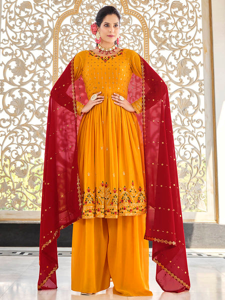 Myra Mustard Yellow and Red Real Georgette Gharara Suit