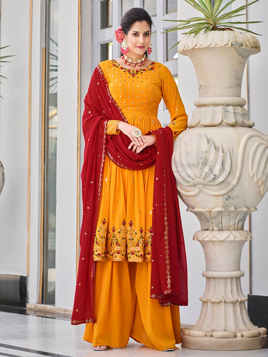 Myra Mustard Yellow and Red Real Georgette Gharara Suit