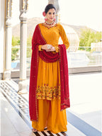 Myra Mustard Yellow and Red Real Georgette Gharara Suit