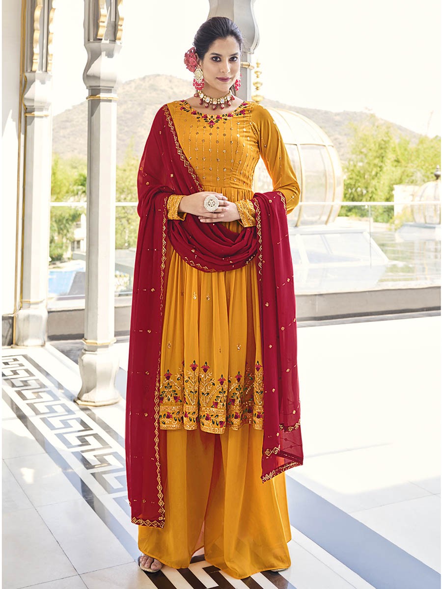 Myra Mustard Yellow and Red Real Georgette Gharara Suit