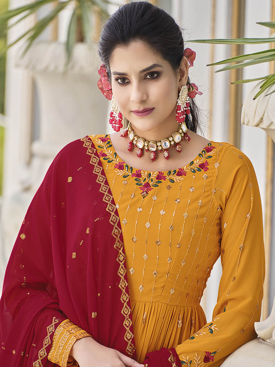 Myra Mustard Yellow and Red Real Georgette Gharara Suit