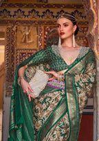 Monjolika Fashion Dark Green Color Silk Ajarak Design Traditional Saree - Distacart