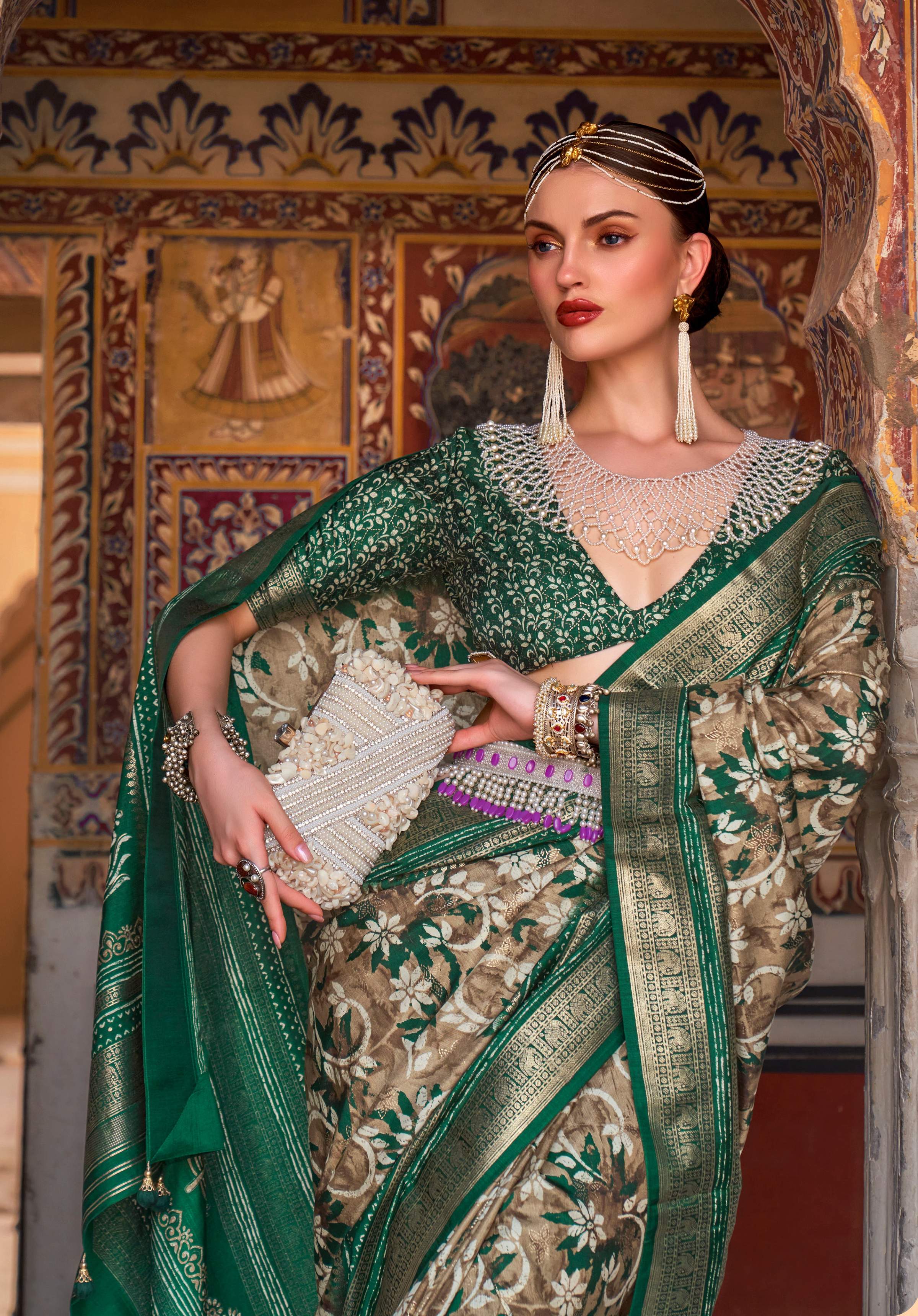 Monjolika Fashion Dark Green Color Silk Ajarak Design Traditional Saree - Distacart
