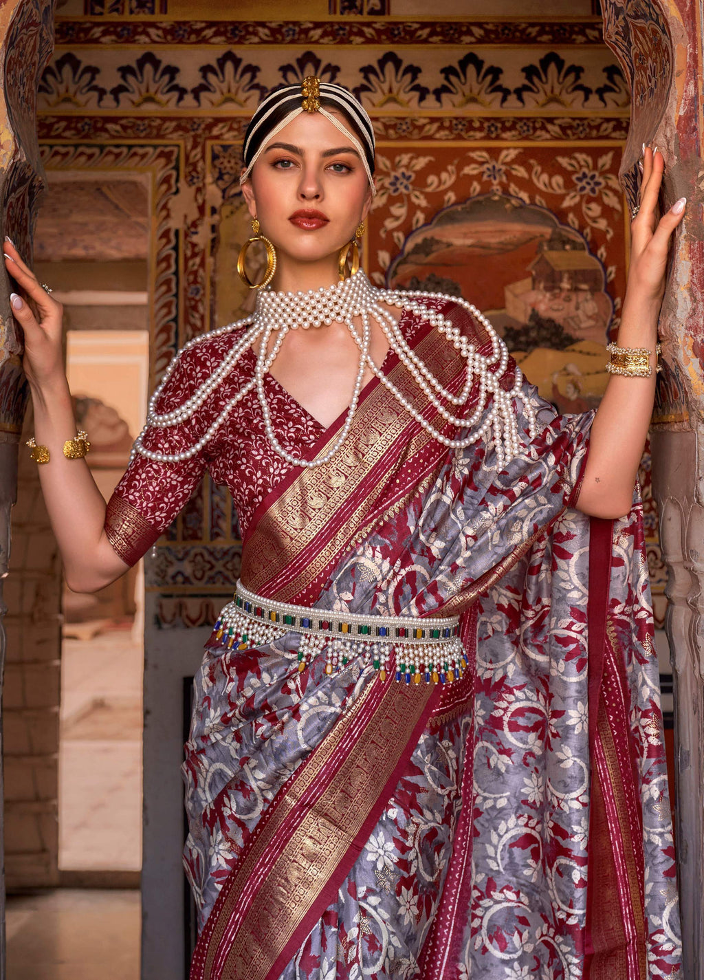 Monjolika Fashion Grey Color Silk Ajarak Design Traditional Saree - Distacart