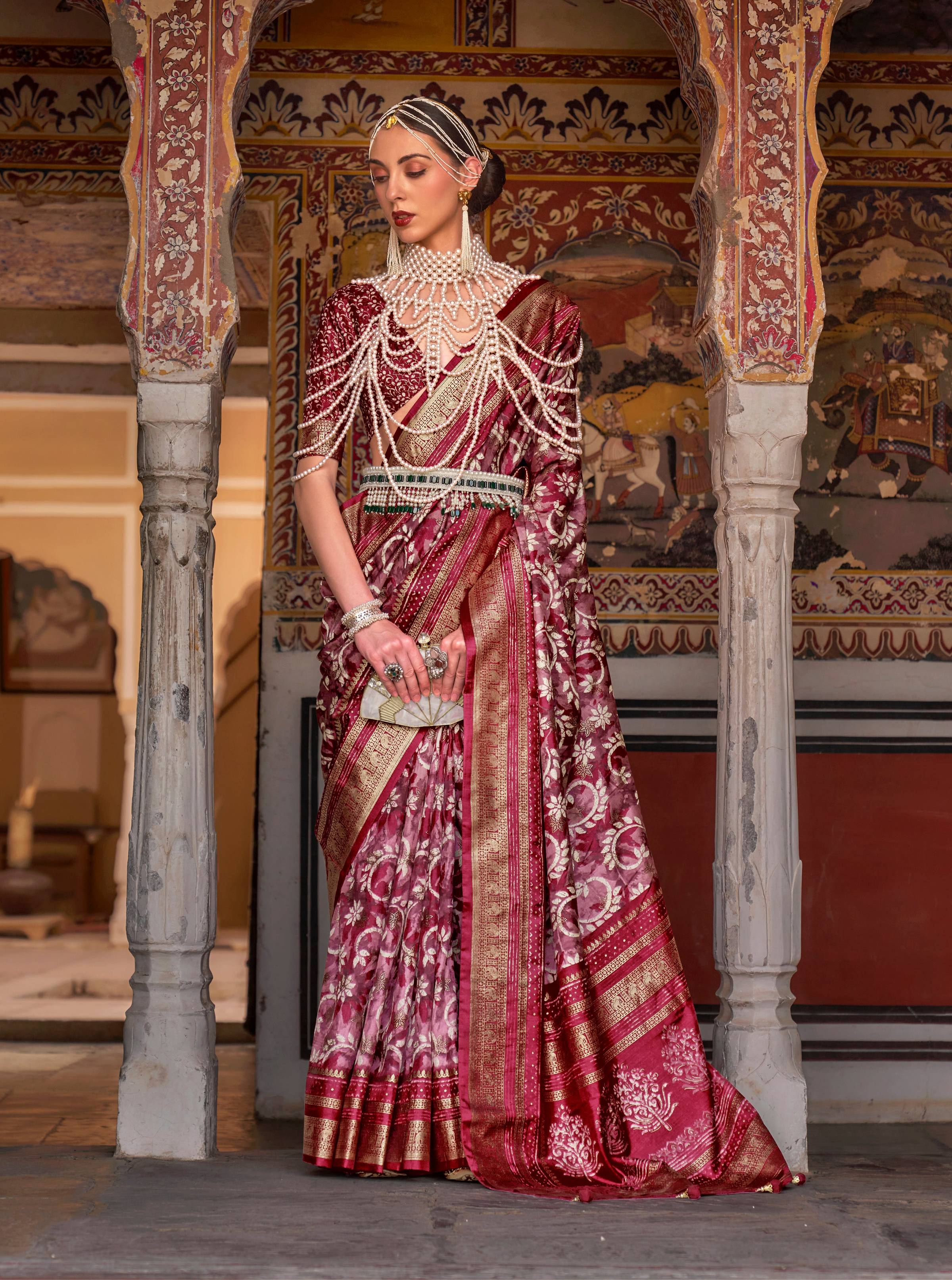 Monjolika Fashion Red Color Silk Ajarak Design Traditional Saree - Distacart
