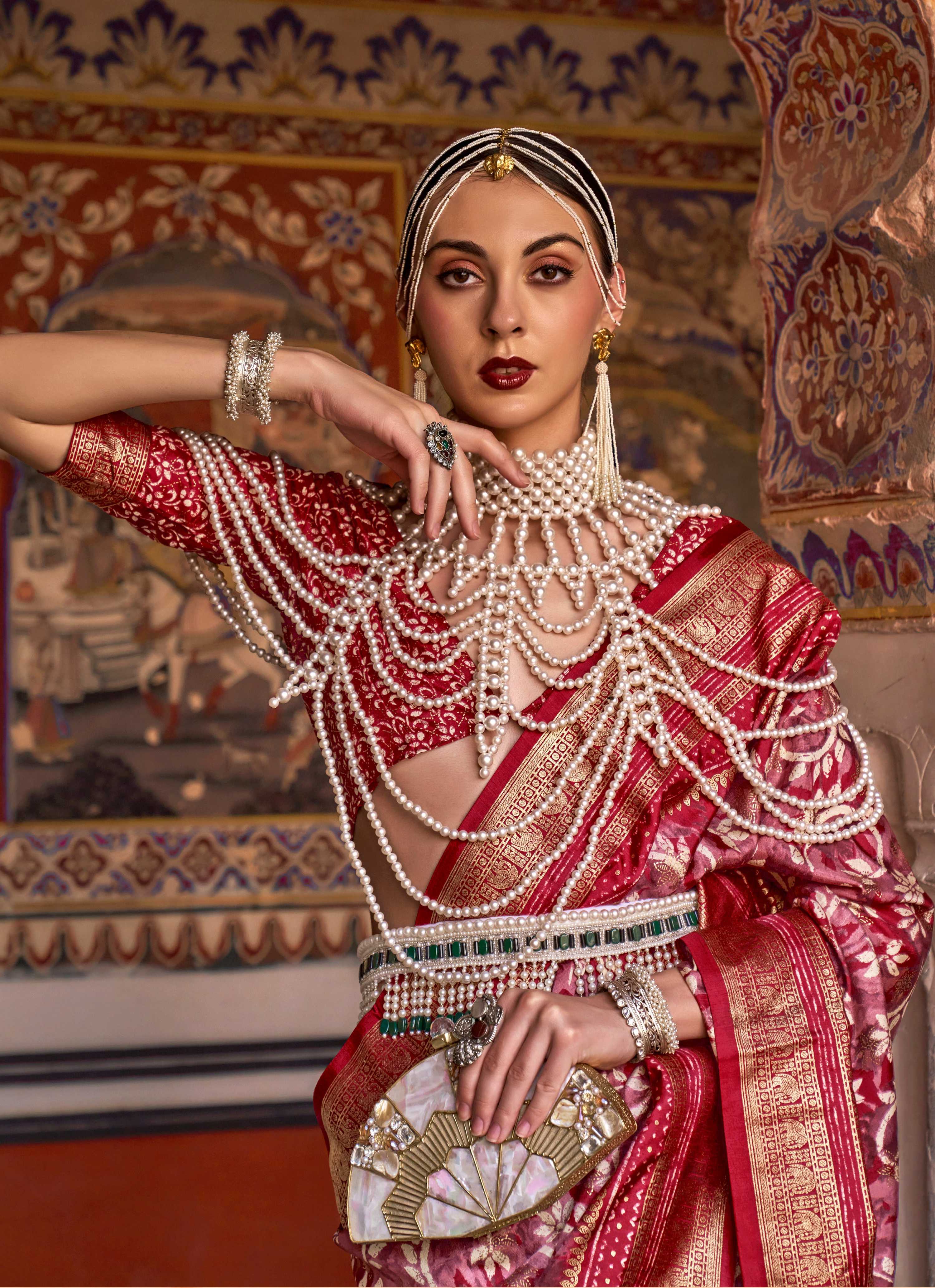 Monjolika Fashion Red Color Silk Ajarak Design Traditional Saree - Distacart