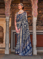 Monjolika Fashion Navy Blue Color Silk Ajarak Design Traditional Saree - Distacart