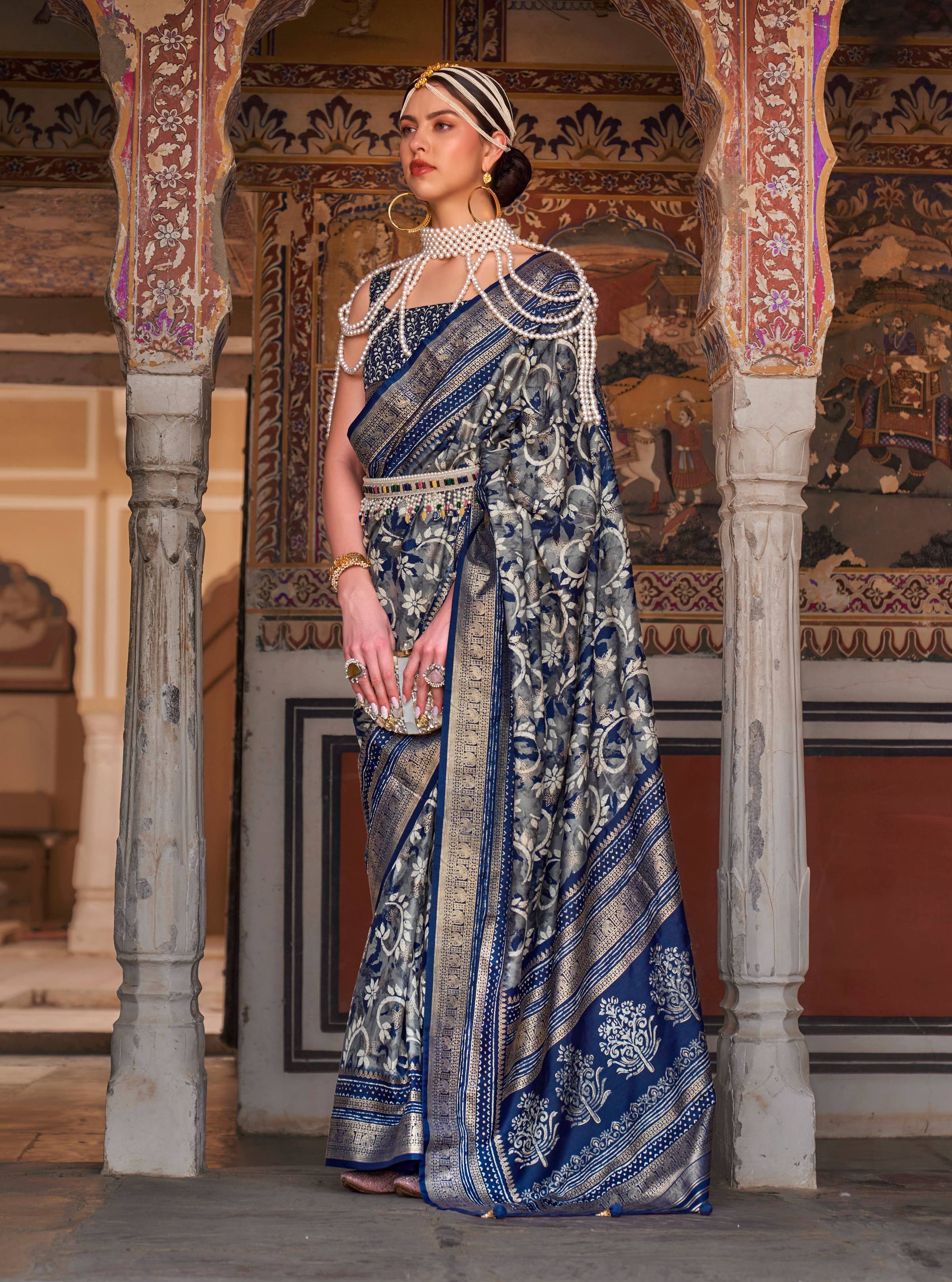 Monjolika Fashion Navy Blue Color Silk Ajarak Design Traditional Saree - Distacart