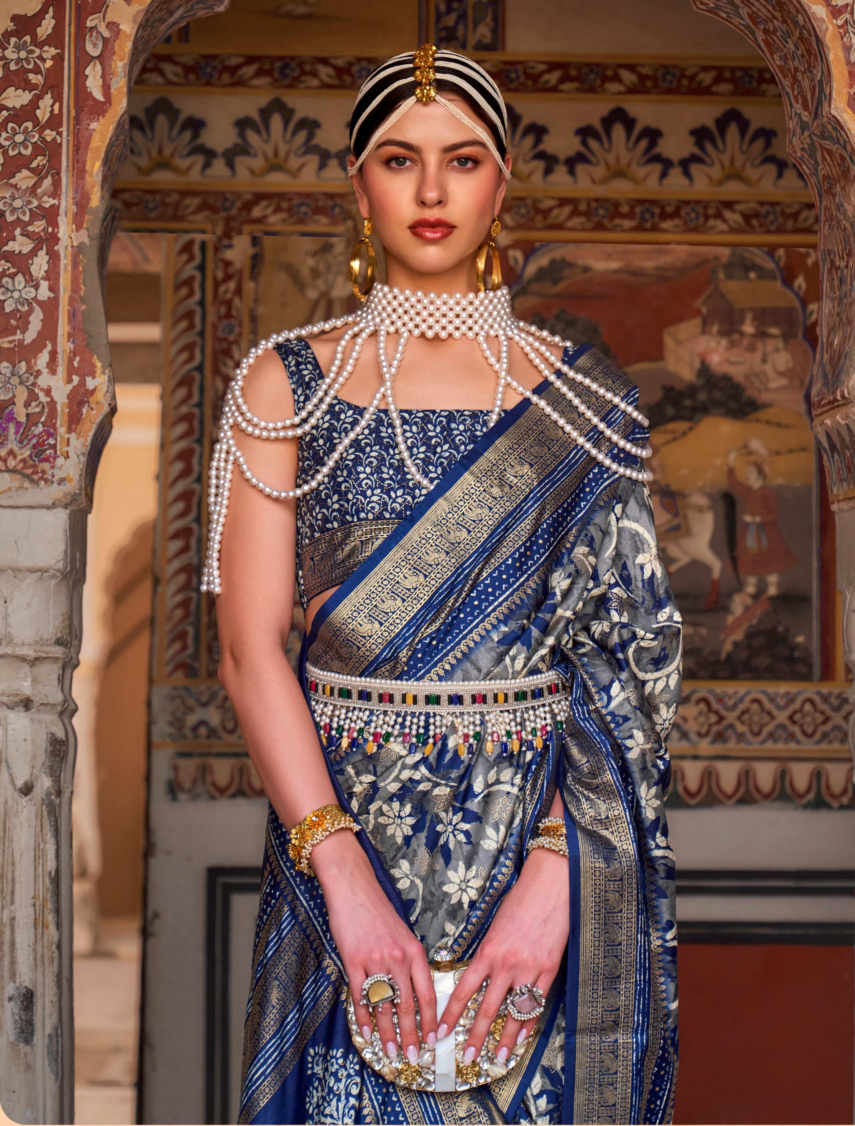 Monjolika Fashion Navy Blue Color Silk Ajarak Design Traditional Saree - Distacart