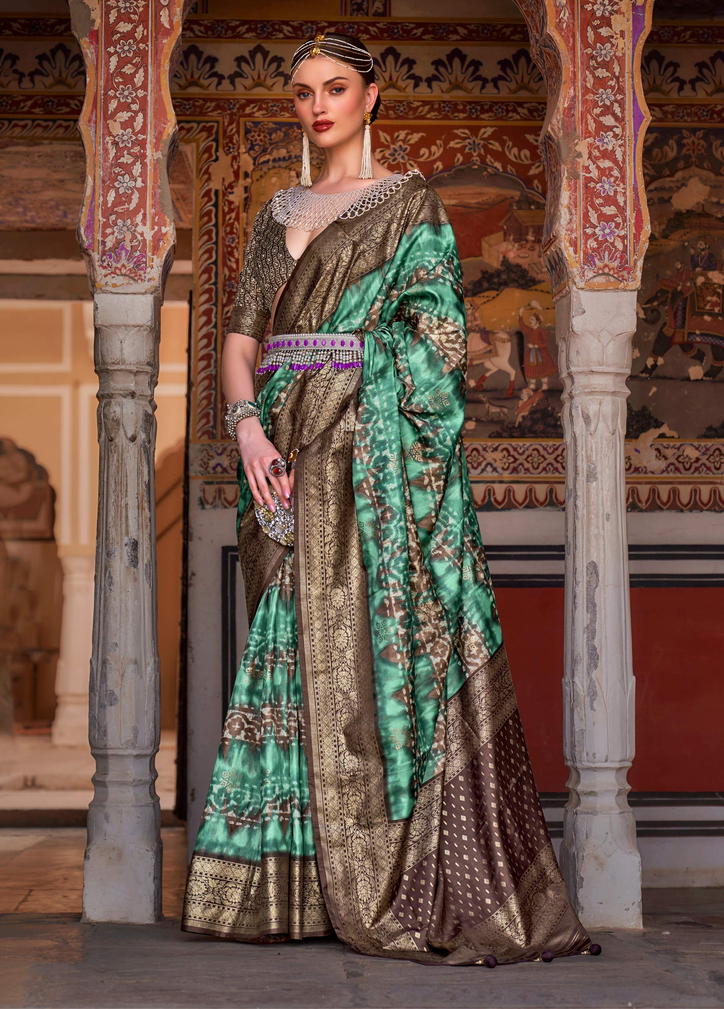 Monjolika Fashion Green Color Silk Ajarak Design Traditional Saree - Distacart