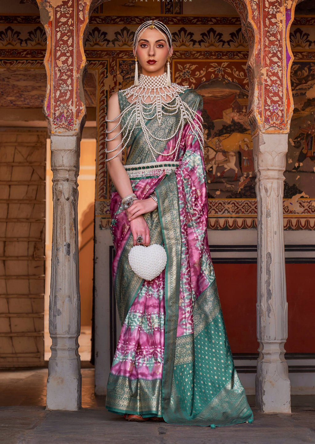 Monjolika Fashion Pink And Green Color Silk Ajarak Design Traditional Saree - Distacart