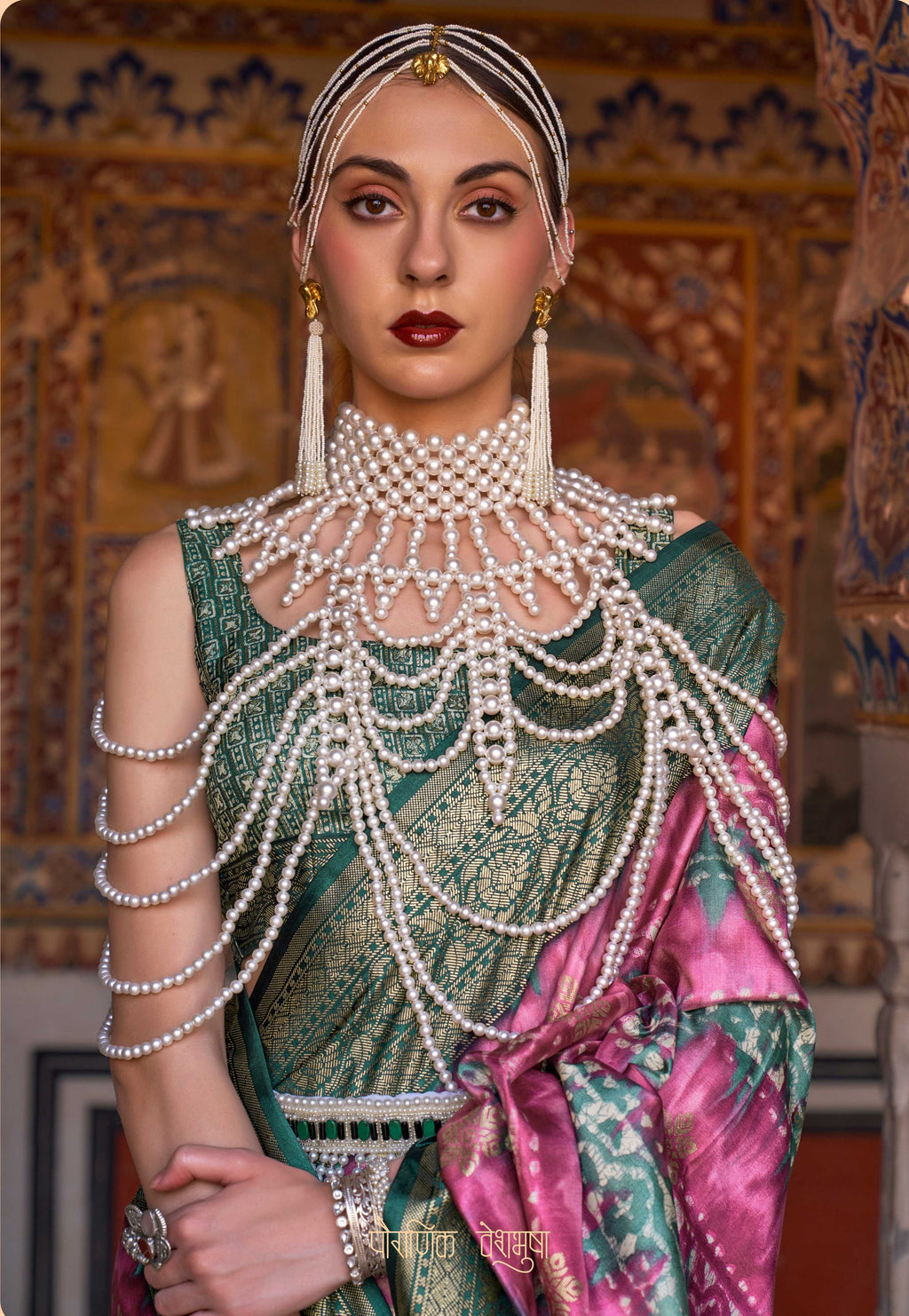 Monjolika Fashion Pink And Green Color Silk Ajarak Design Traditional Saree - Distacart