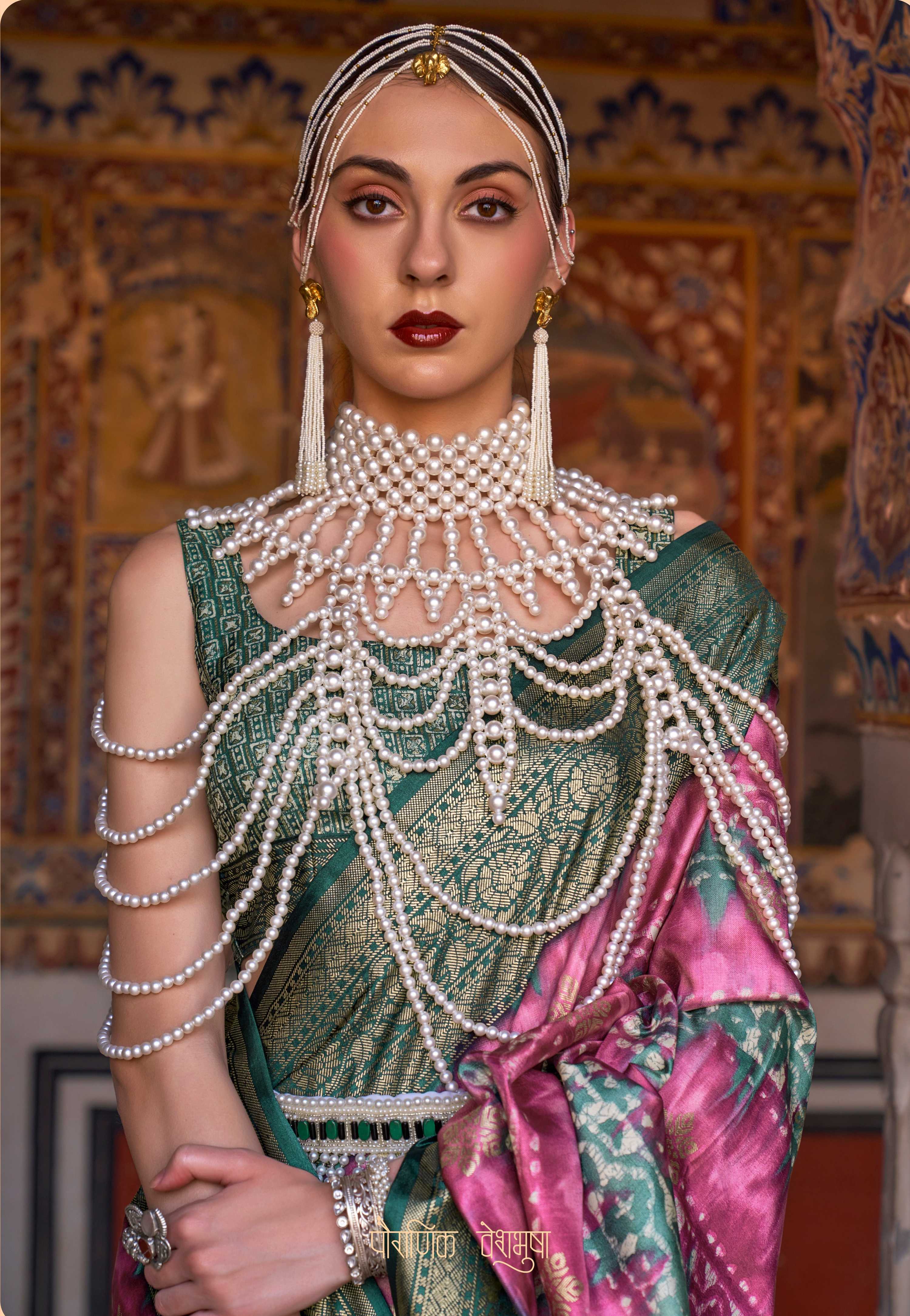 Monjolika Fashion Pink And Green Color Silk Ajarak Design Traditional Saree - Distacart