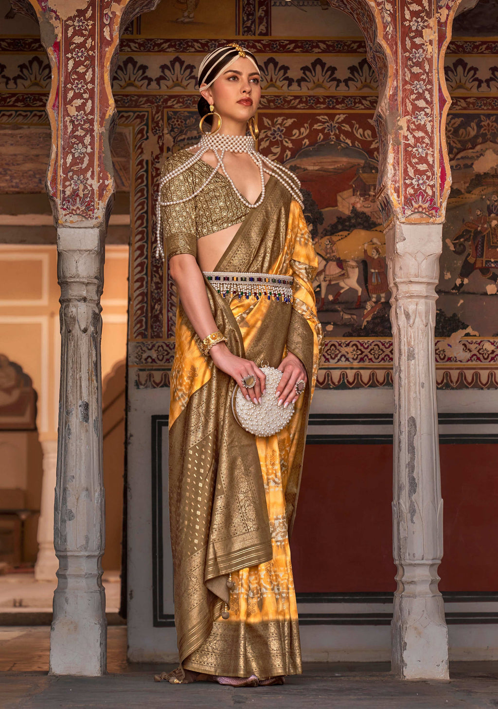 Monjolika Fashion Yellow Color Silk Ajarak Design Traditional Saree - Distacart