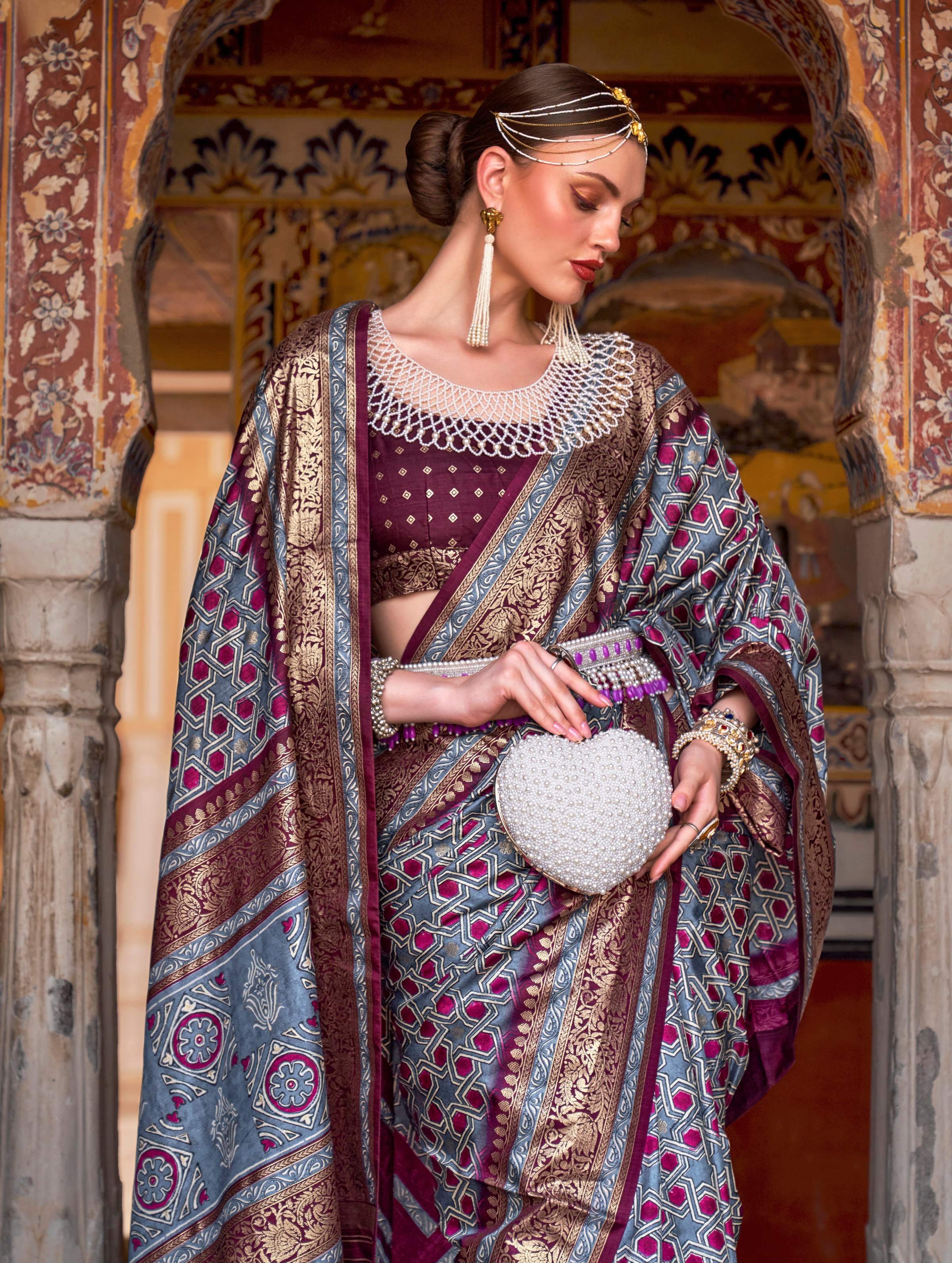 Monjolika Fashion Cobalt Blue Color Silk Ajarak Design Traditional Saree - Distacart