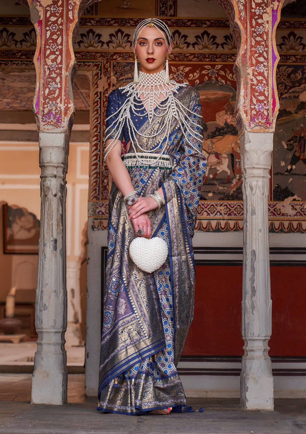Monjolika Fashion Blue Color Silk Ajarak Design Traditional Saree - Distacart
