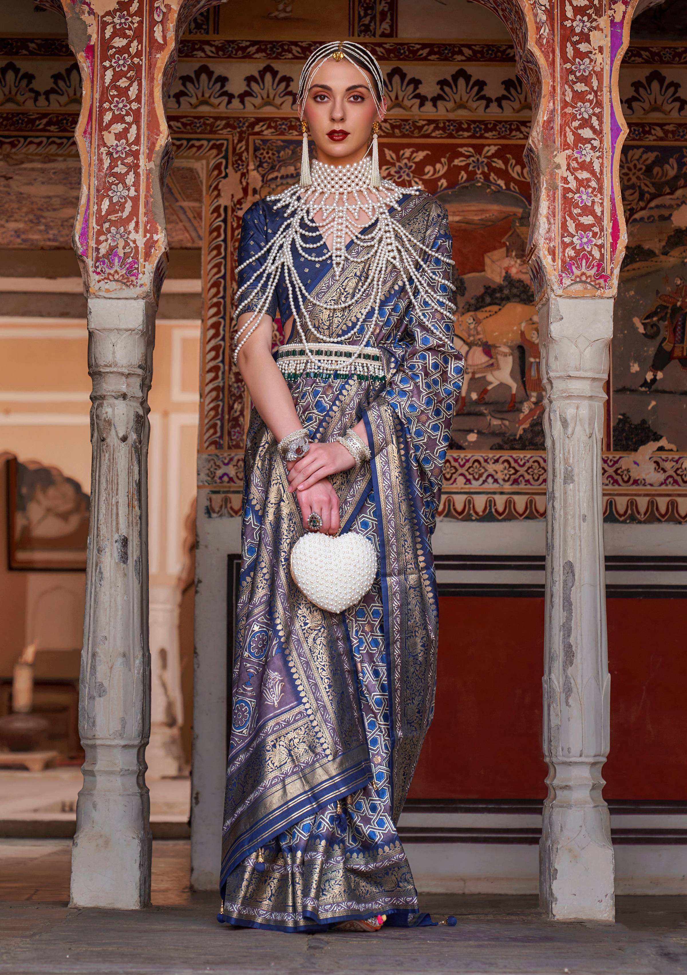 Monjolika Fashion Blue Color Silk Ajarak Design Traditional Saree - Distacart