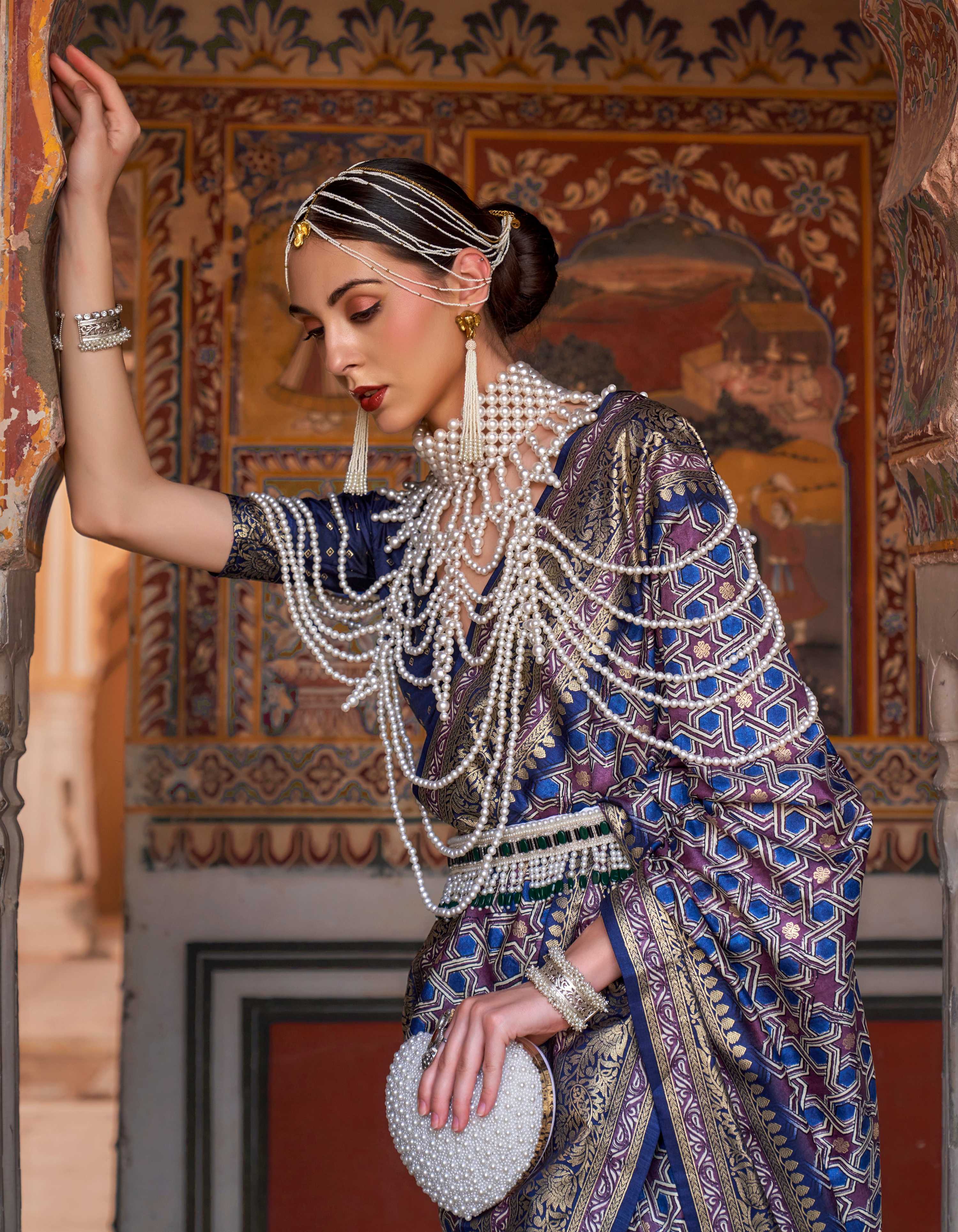 Monjolika Fashion Blue Color Silk Ajarak Design Traditional Saree - Distacart