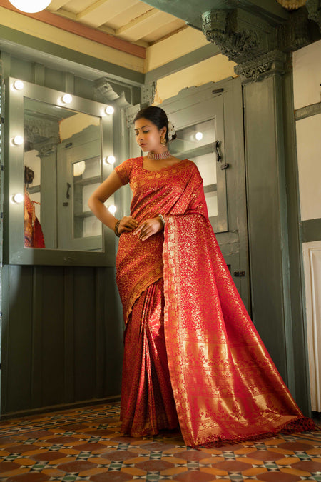 Vardha Maroon Red Golden Zari Banarasi Satin Silk Saree