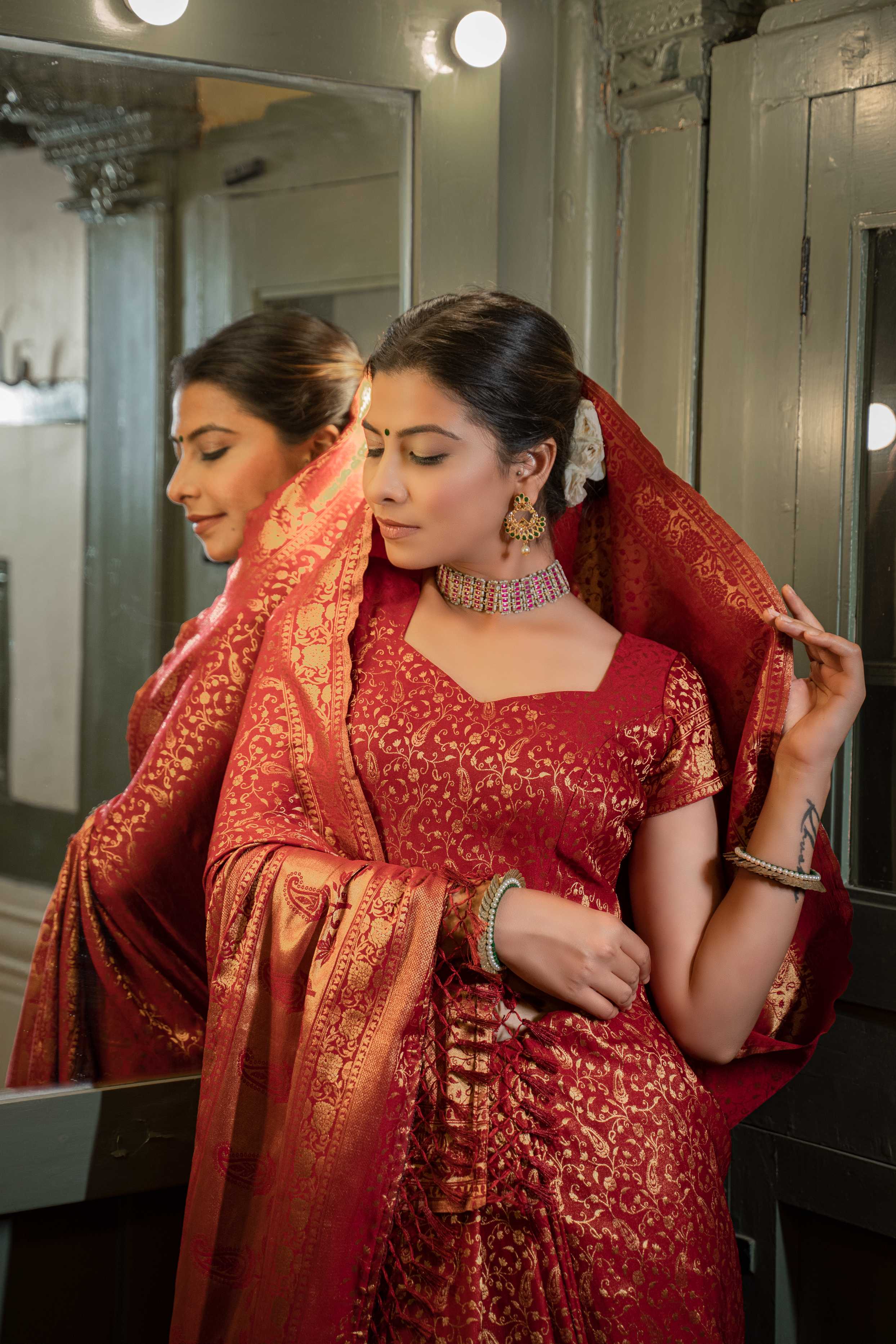 Vardha Maroon Red Golden Zari Banarasi Satin Silk Saree