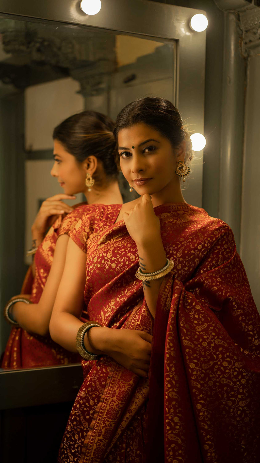 Vardha Maroon Red Golden Zari Banarasi Satin Silk Saree