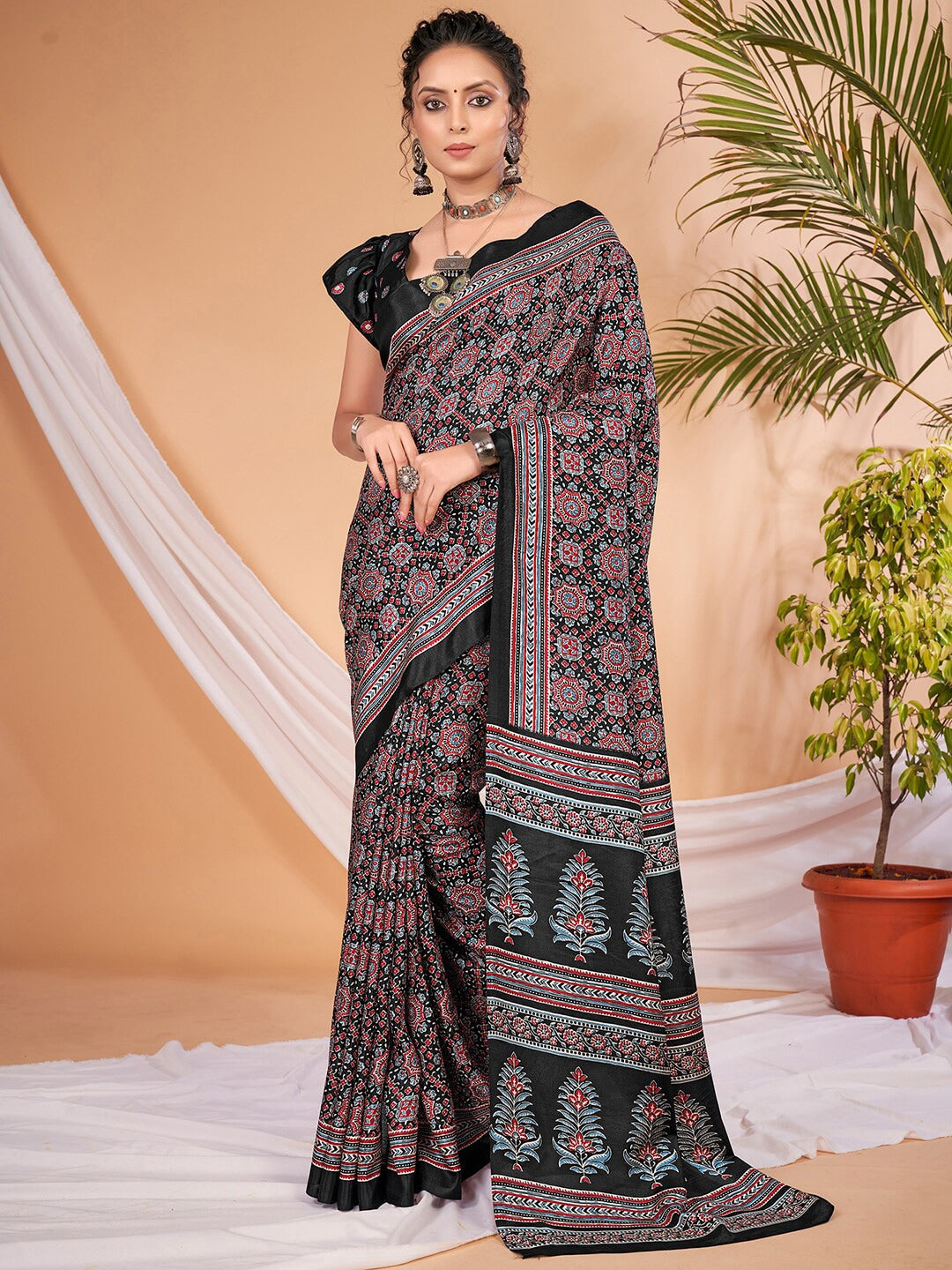 Saree Mall Ajrakh Silk Blend Block Print Sarees