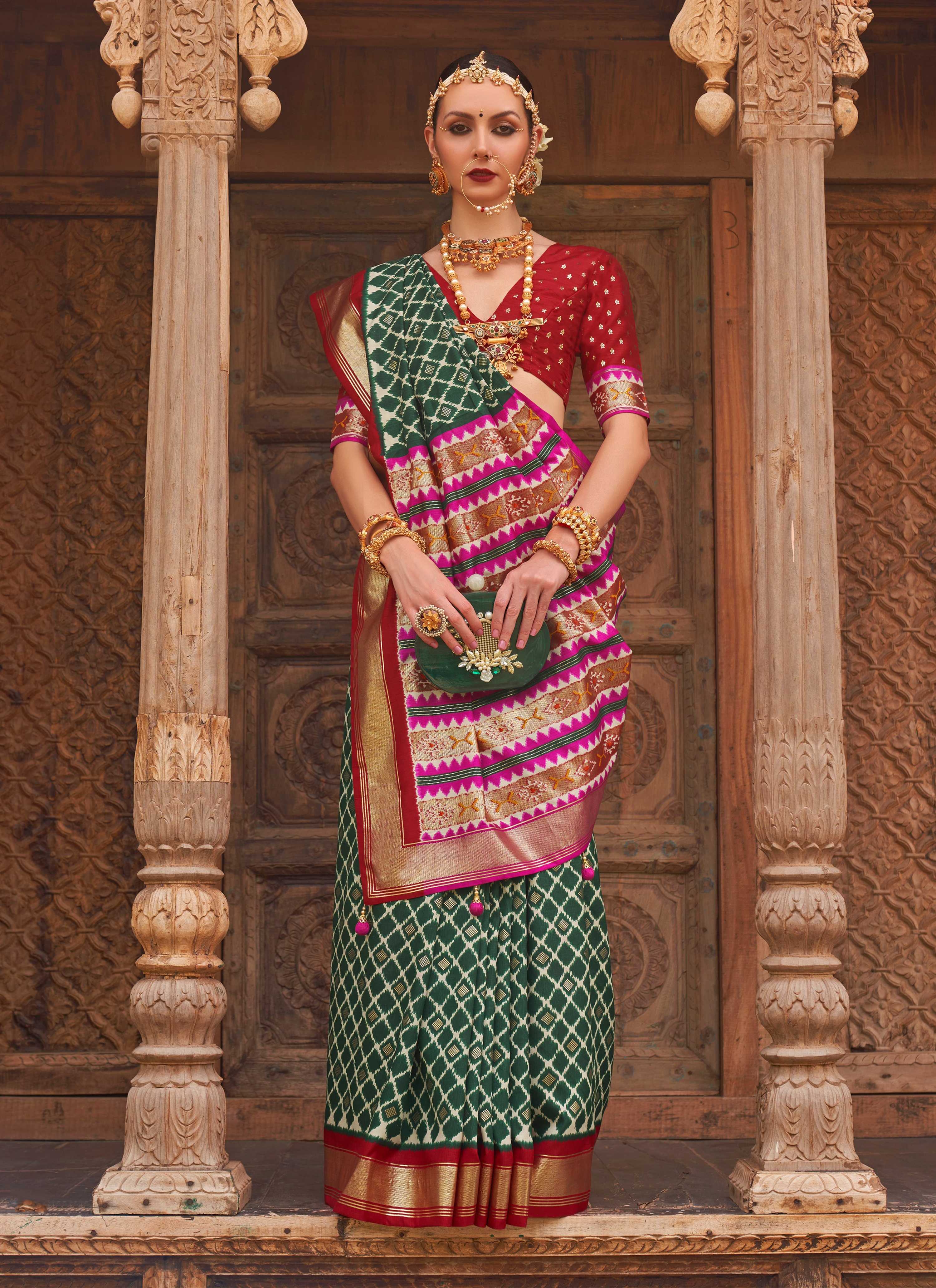 Monjolika Fashion Dark Green Color Patola Silk Weaving Work Saree With Blouse
