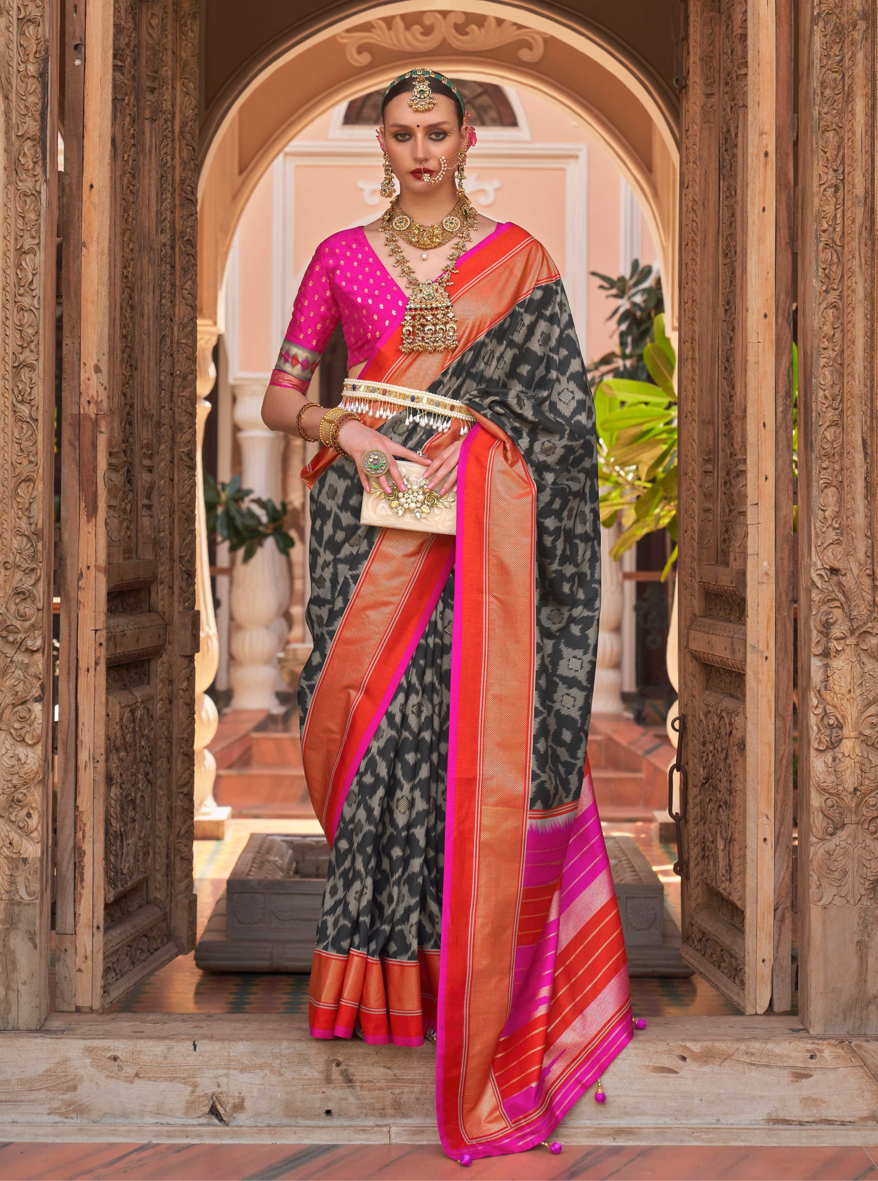 Monjolika Fashion Dark Grey Color Patola Silk Weaving Work Saree With Blouse