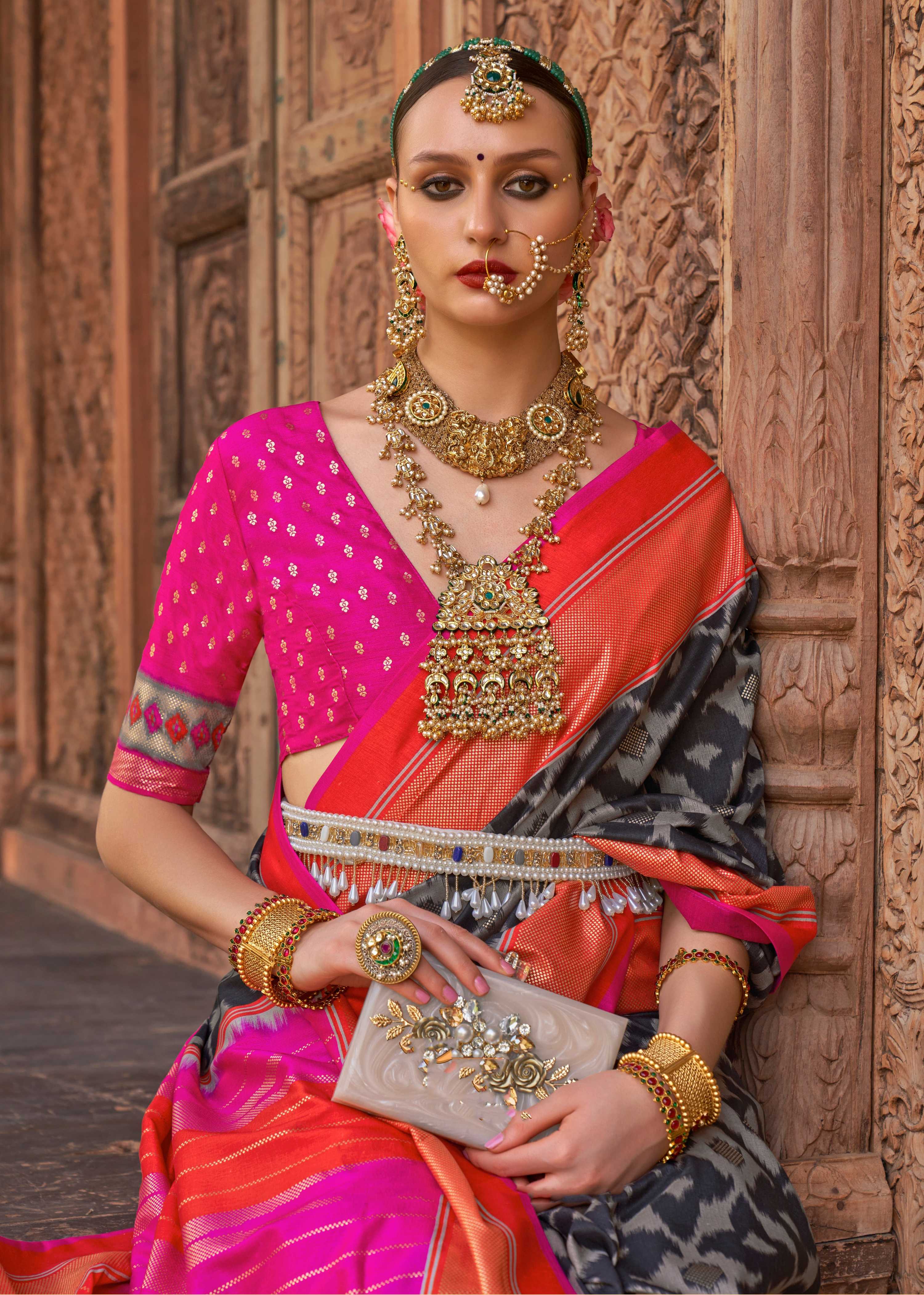 Monjolika Fashion Dark Grey Color Patola Silk Weaving Work Saree With Blouse