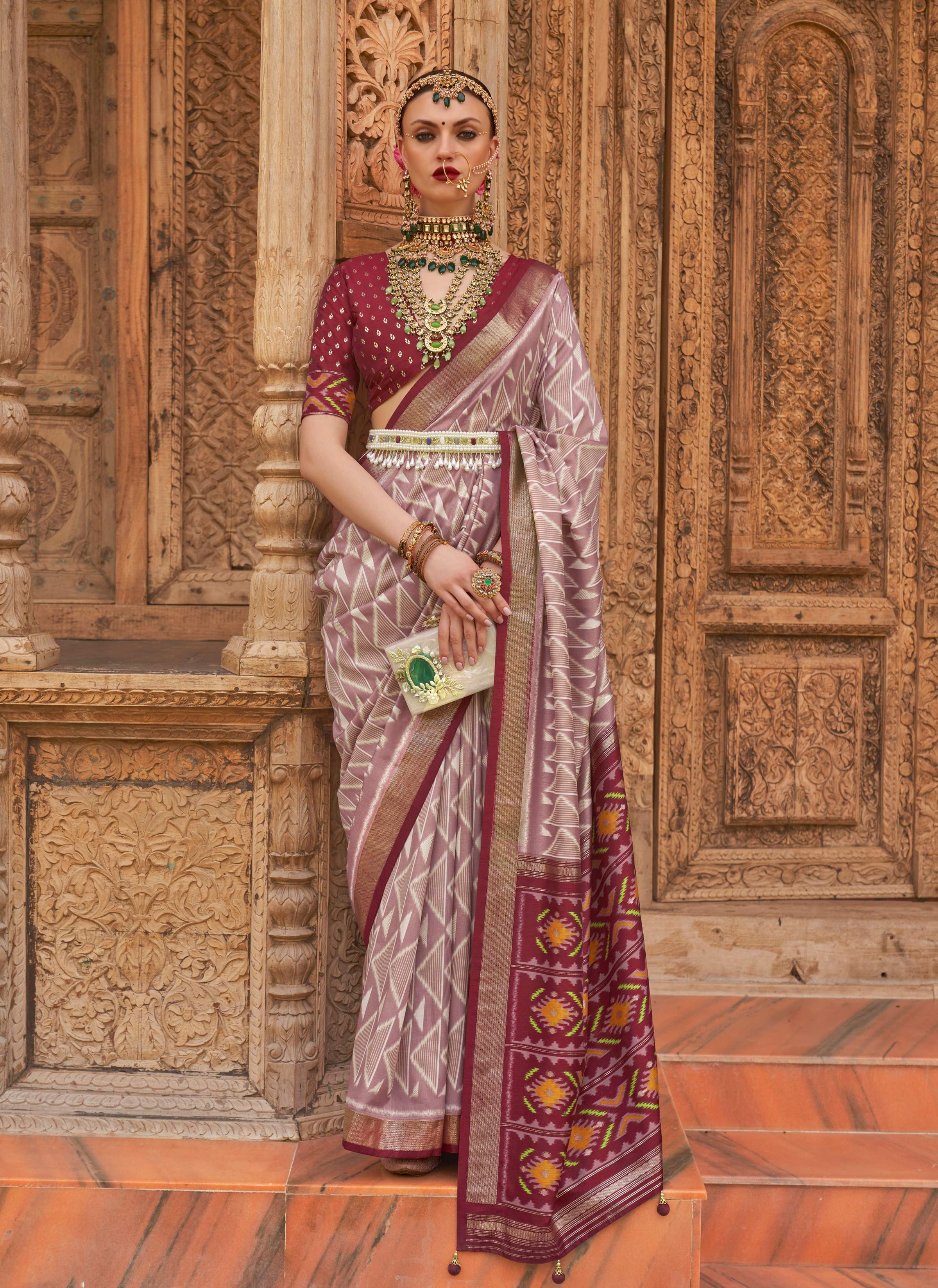 Monjolika Fashion Light Mauve Color Patola Silk Weaving Work Saree With Blouse