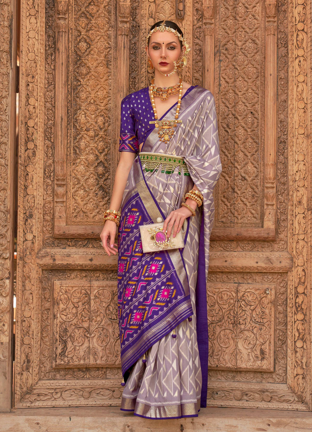 Monjolika Fashion Light Grey Color Patola Silk Weaving Work Saree With Blouse